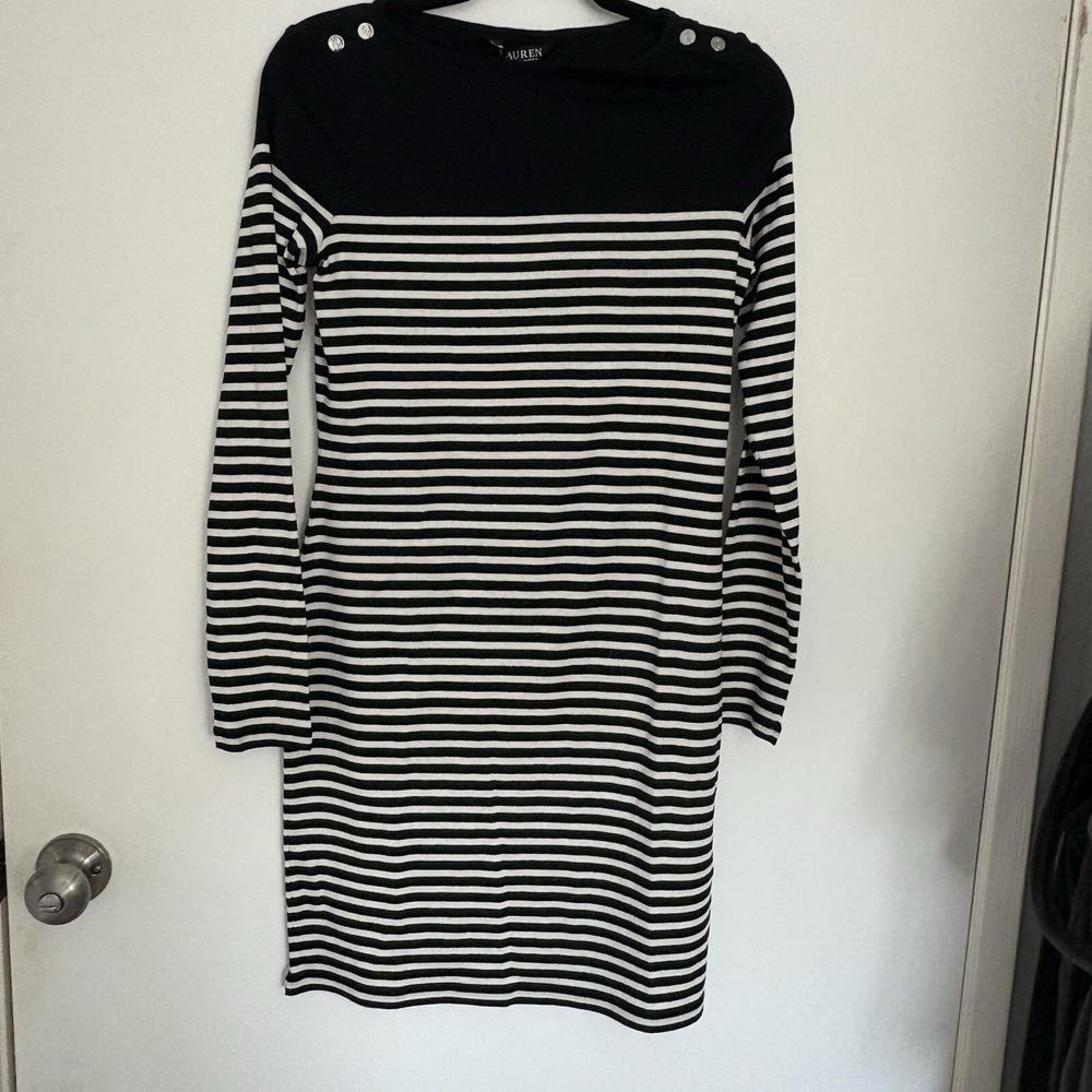NWT Ralph Lauren Women's Black & White Striped Long Sleeve Dress S/P MSRP 135